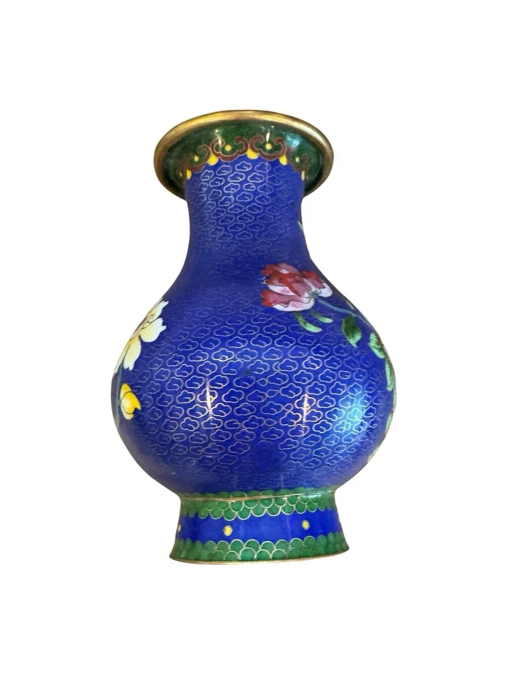 Vintage Chinese Cloisonné Vase Blue Enamel Floral Brass 6 Inch Decorative